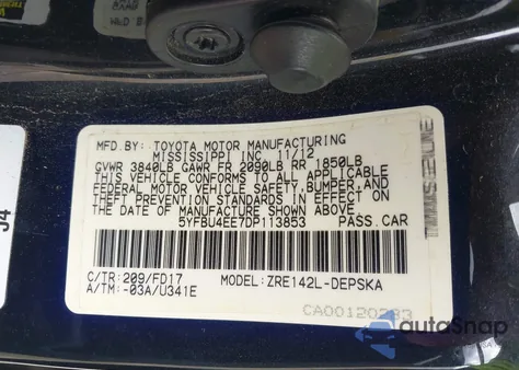 2013 Toyota Corolla L/Le/Le Special Edition/S/S Special Edition from USA, damaged, VIN 5YFBU4EE7DP113853